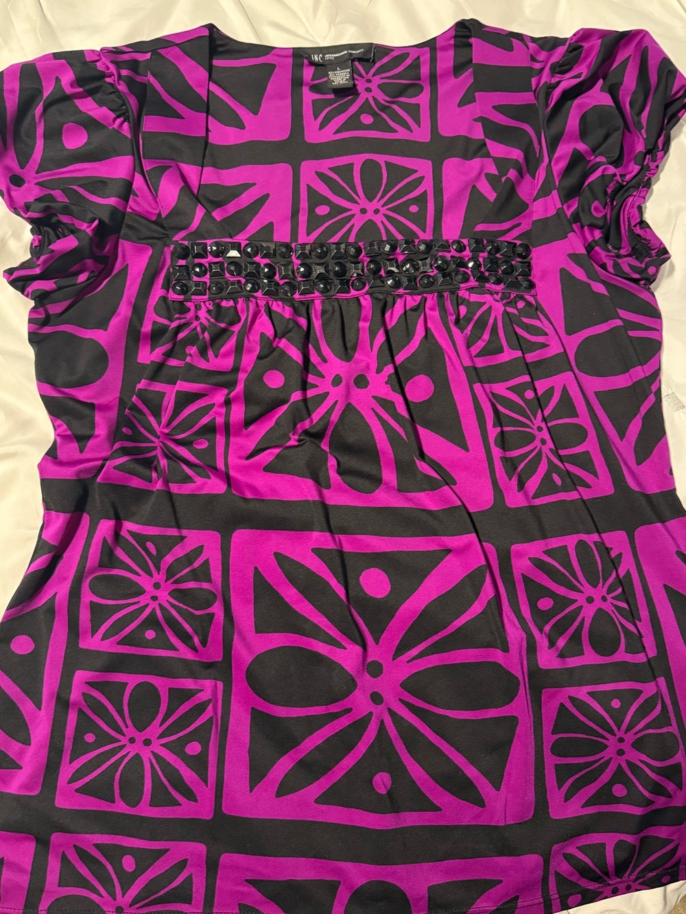 INC - Purple & Black Geometric Print Blouse with gems